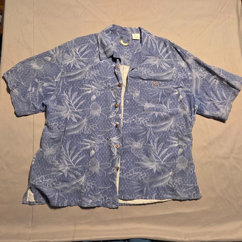 Banana Cabana Men's XXL 100% Silk Hawaiian Camp Shirt Blue Tropical Floral Aloha